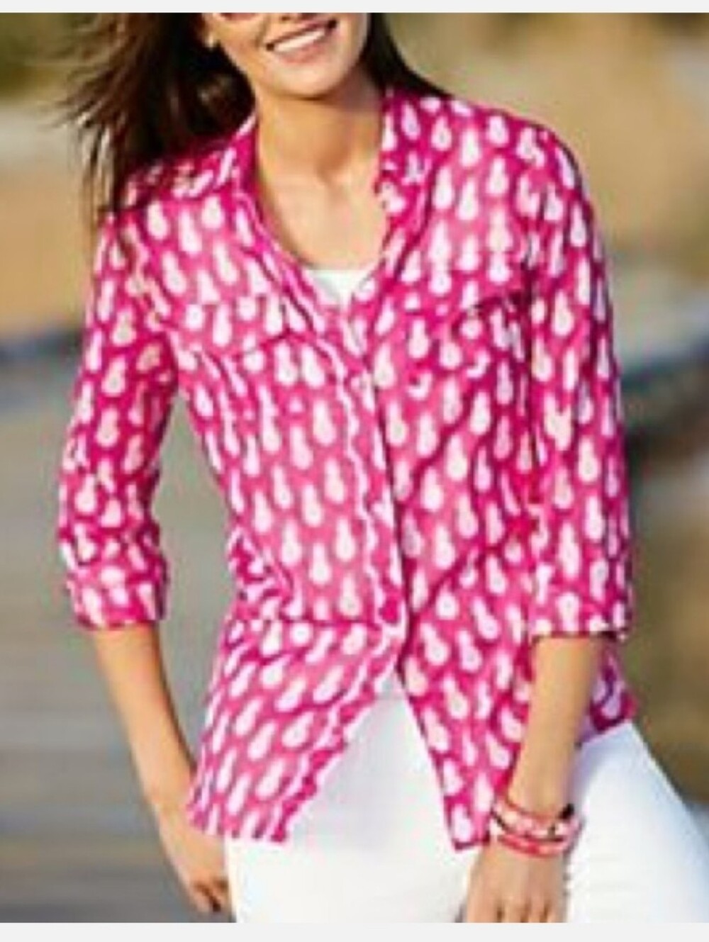 Talbots Vibrant Pink Pineapple Print Button Down Shirt